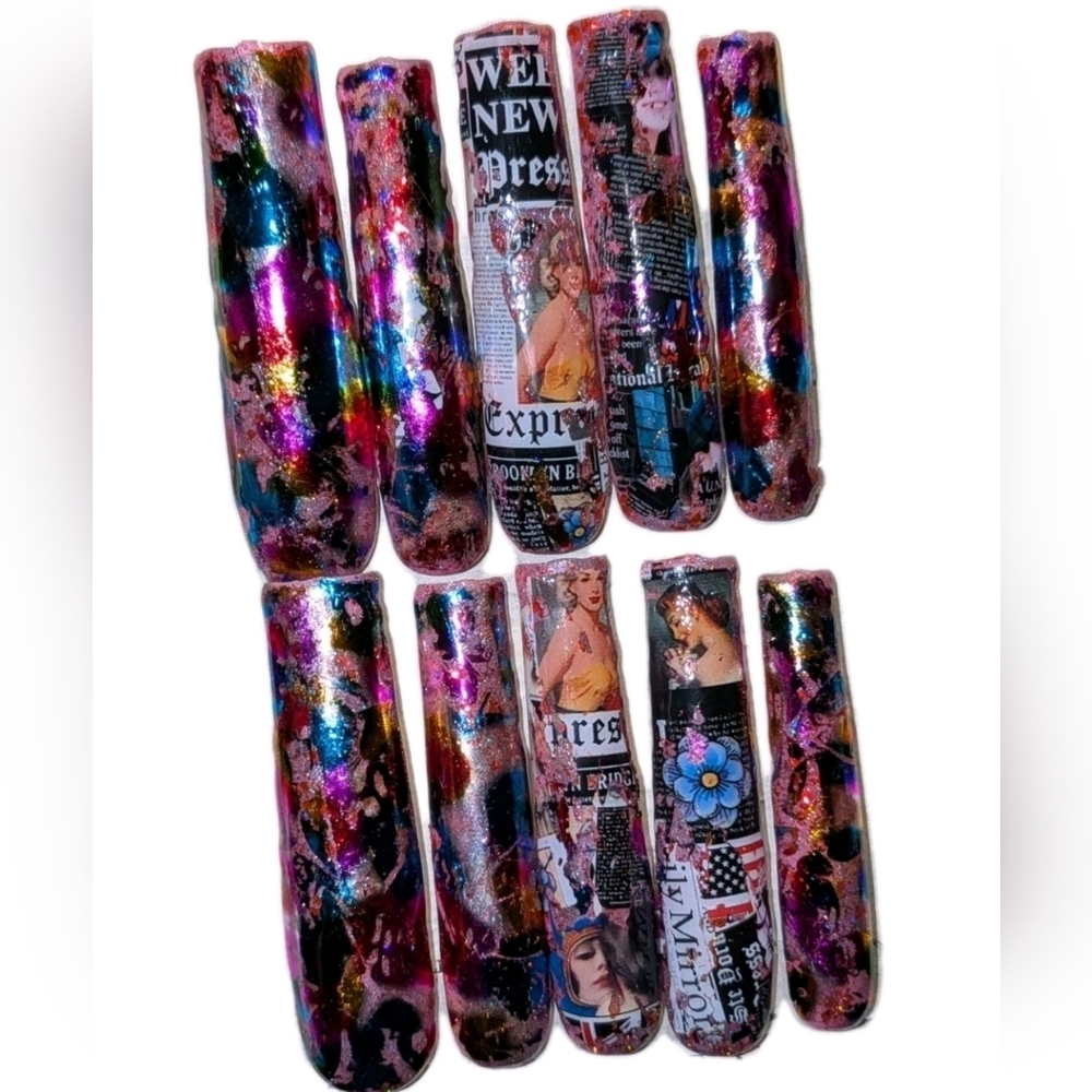Hand Crafted Custom Colorful Graphic Press-On Nails Sz Large 04548 3Xl Length
